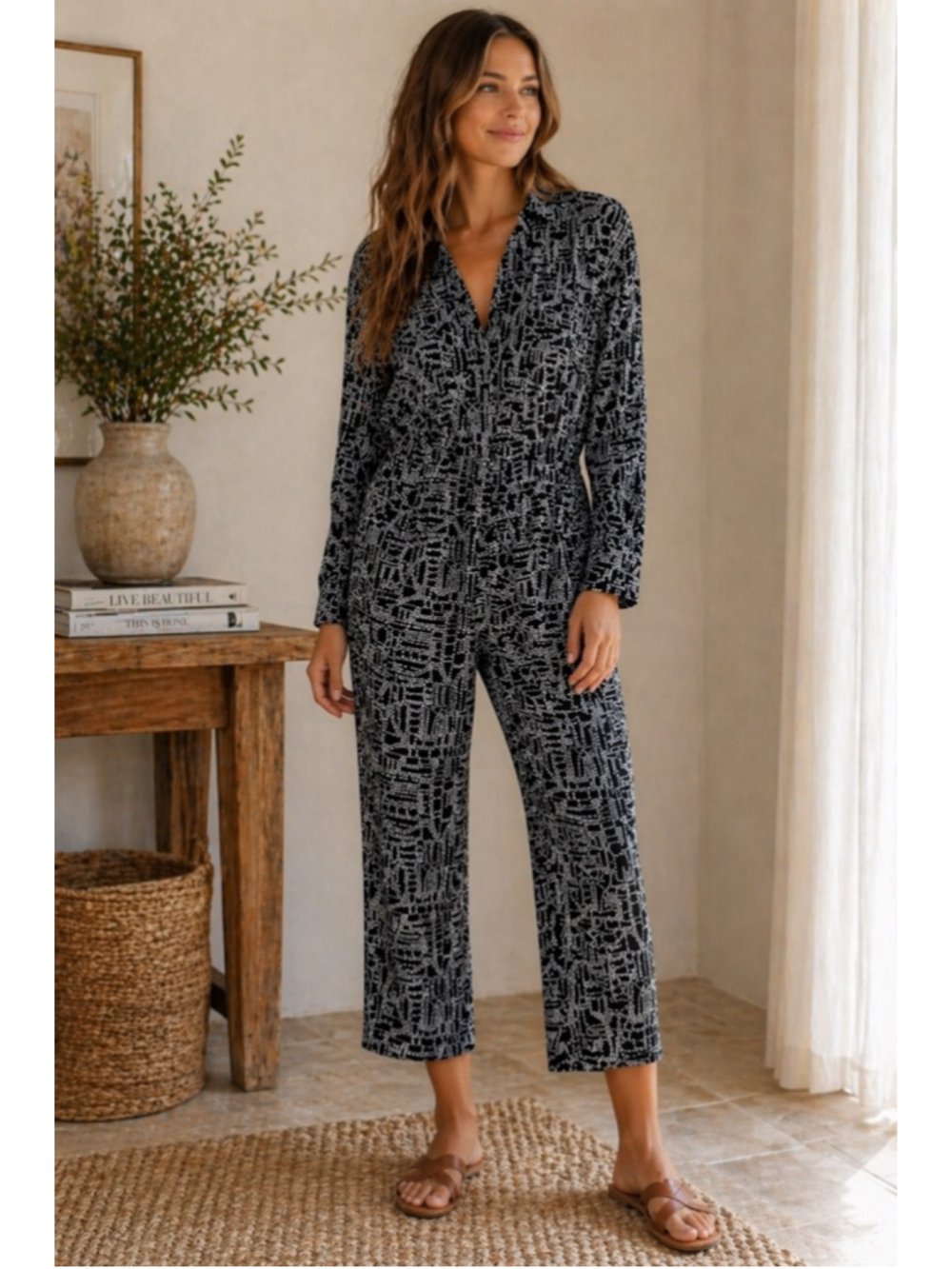 Anthro Lilka Black White Print Jumpsuit Button Front Boho Large